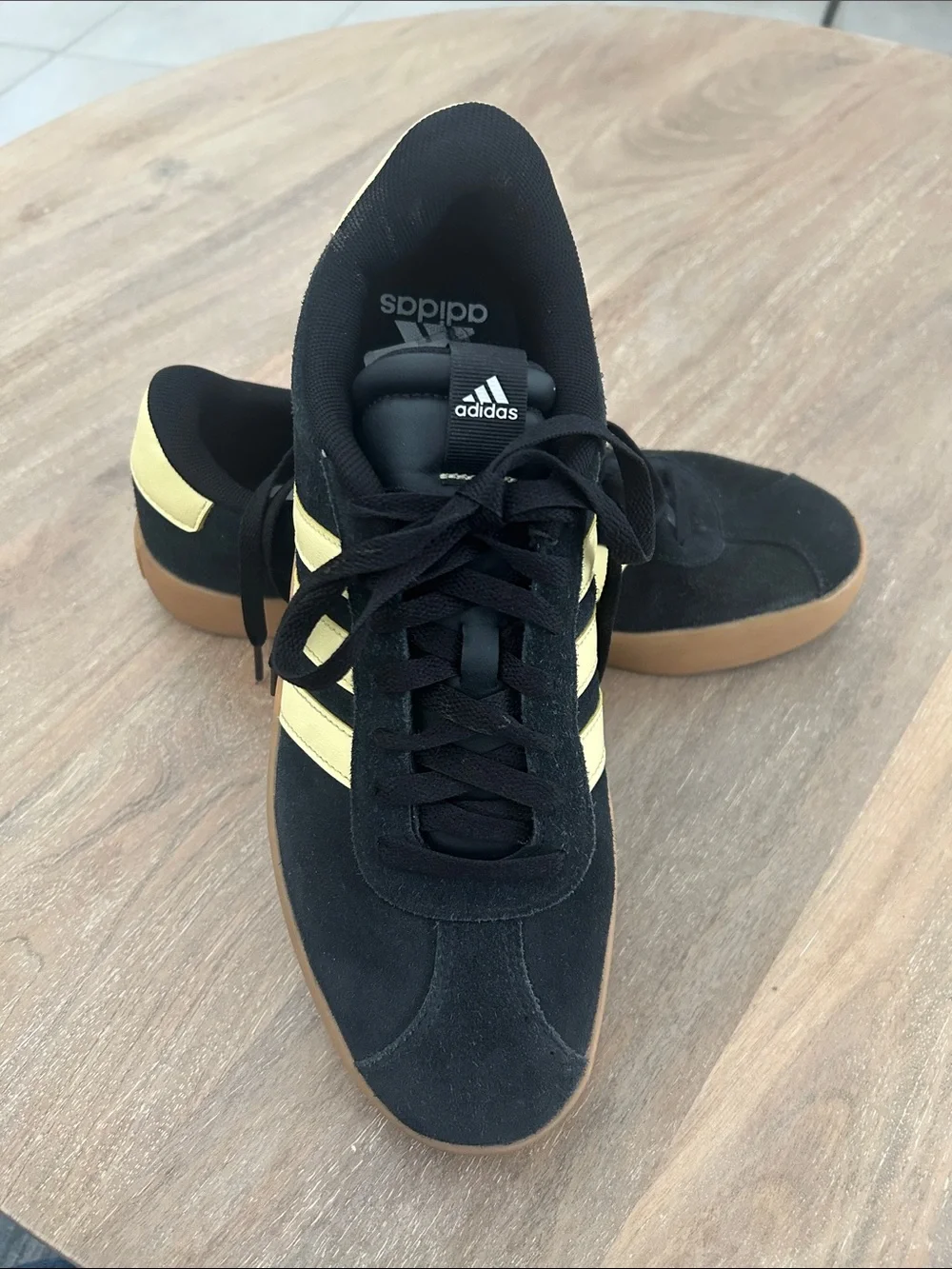 adidas Black Suede Sneakers with Yellow Stripes and Gum Sole